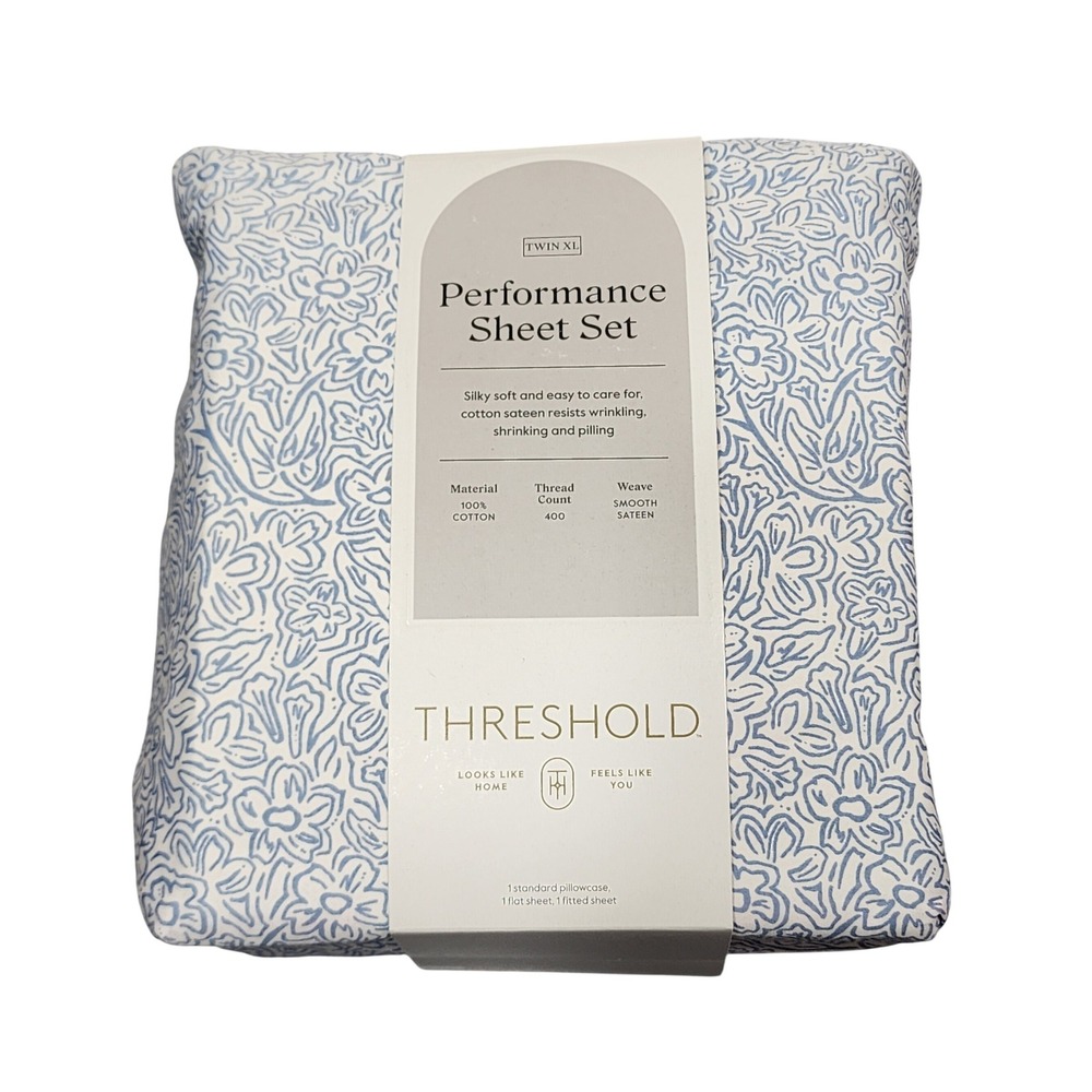 Threshold Performance Cotton Sateen Sheet Set Twin XL Blue Floral 400 TC 3pc